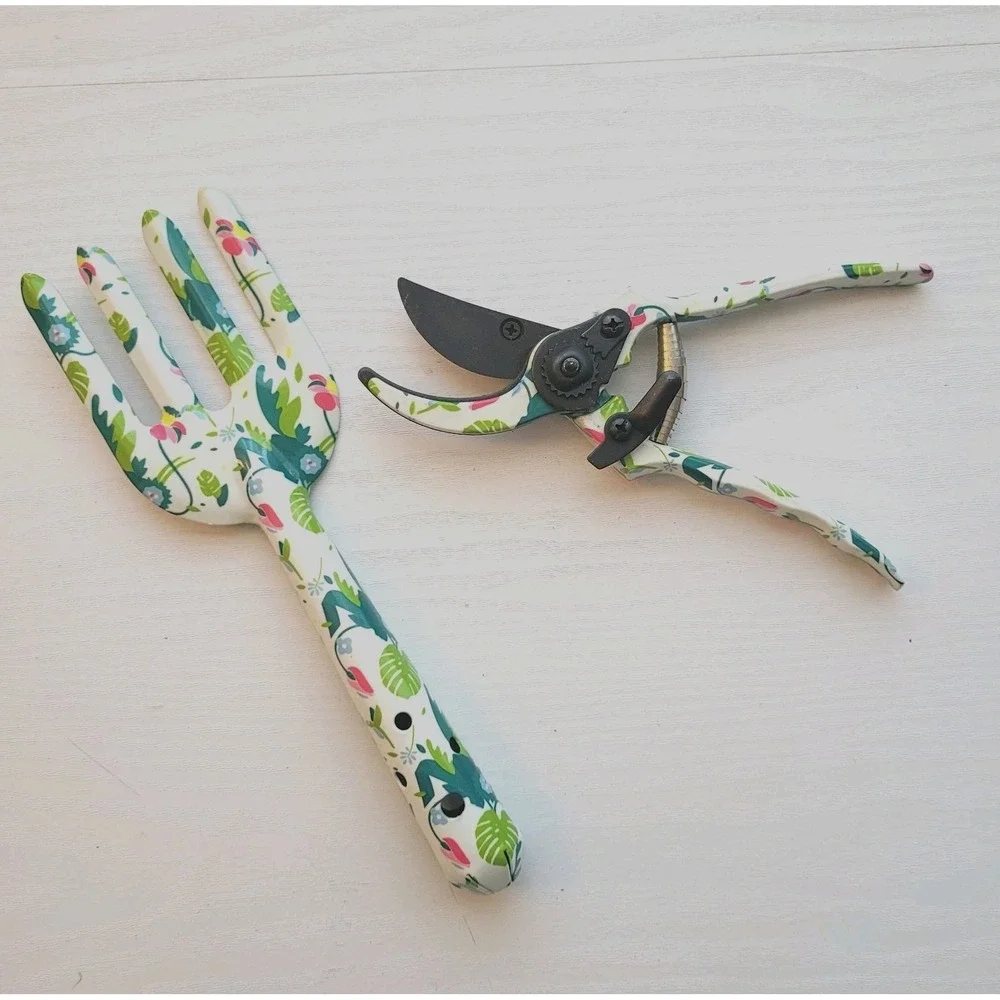 2-Piece Floral Garden Tools hand fork & Pruning Shears Decorative Print Aluminum